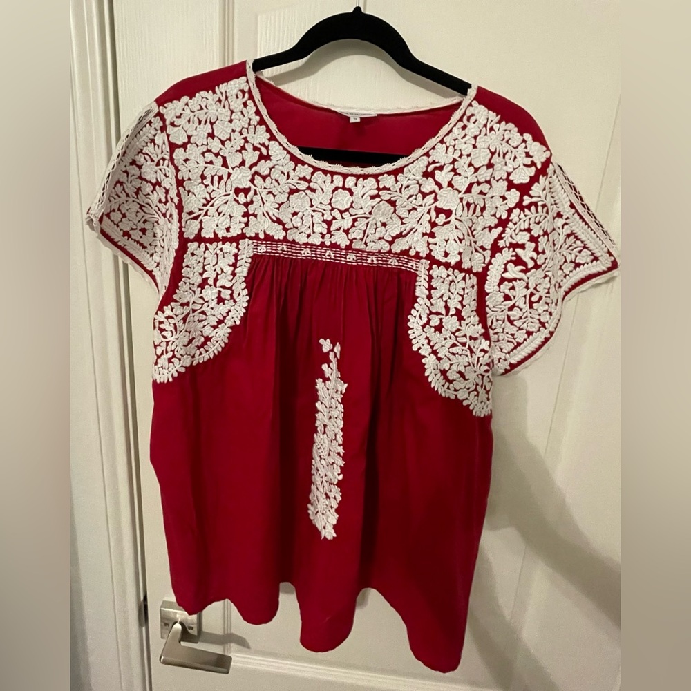 Frances Valentine Dark Red Oaxaca Mexican Style Top Size 1X